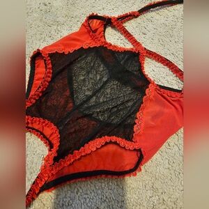 Red & Black Sheer Mesh Lace Open Cup & Panty Bodysuit